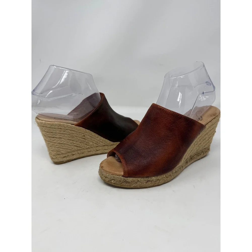 Gaimo Spain Brown Leather Espadrille Wedge Sandals Peep Toe Mules Women 38